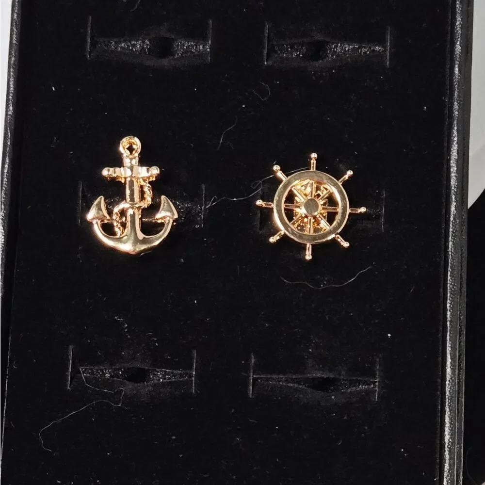 Nautical Anchor & Ship Wheel Cufflinks Gold Asymmetrical Maritime Sailor Gift